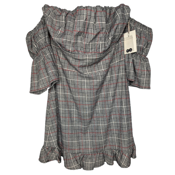 Tularosa Angie Plaid Twee Coquette Milkmaid Ruffle Hem Mini Dress Black White MD - Picture 3 of 9